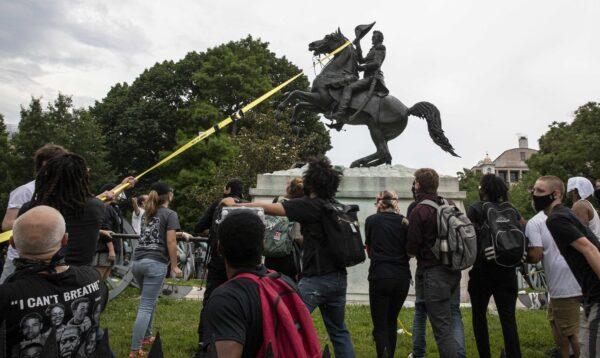 Vandals attempt to pull down the statue of Andrew Jackson in Lafayette Square near the White House on June 22, 2020. (Tasos Katopodis/Getty Images)