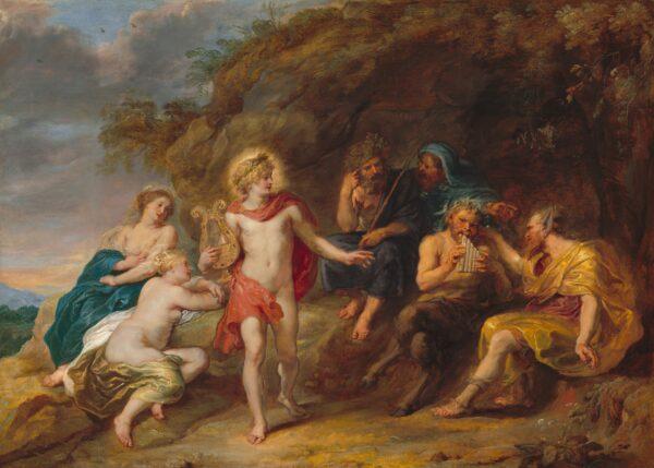 Apollo in a red cloak, the god of music, gestures to Midas, the king of Phrygia. Midas, with donkey's ears, in “The Judgment of Midas,” circa 1640, by Jan van den Hoecke. Corcoran Collection (William A. Clark Collection). (Public Domain)