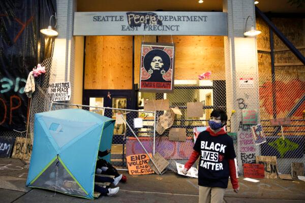 The abandoned Seattle Police Department's East Precinct in the so-called autonomous zone in Seattle, Wash. on June 12, 2020. (Jason Redmond/AFP via Getty Images)