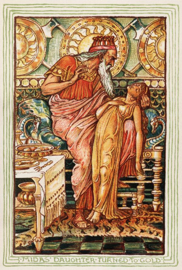 In the Nathaniel Hawthorne version of the Midas myth, Midas's daughter turns to a golden statue when he touches her. Illustration by Walter Crane for the 1893 edition of “A Wonder-Book for Girls and Boys.” (Public Domain)