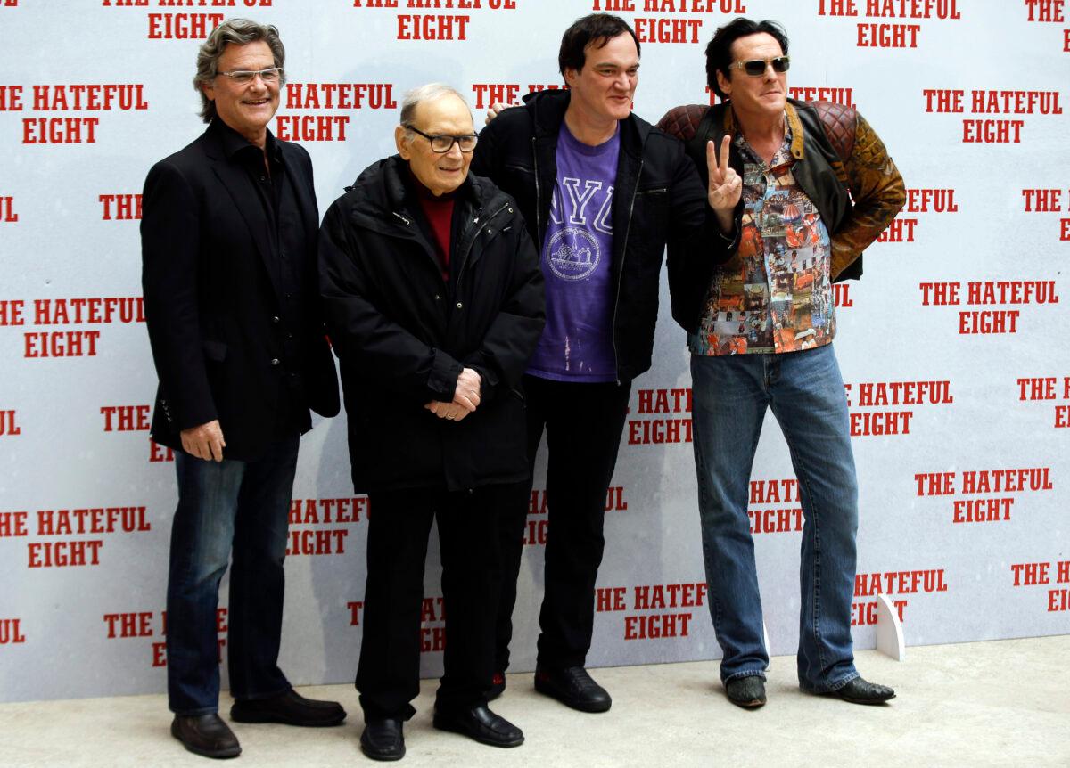 From left, actor Kurt Russell, Italian composer Ennio Morricone, director Quentin Tarantino, and actor Michael Madsen pose for photographers during a photo call of the movie The Hateful Eight, in Rome, Italy, on Jan. 28, 2016. (Gregorio Borgia/ file/AP Photo)