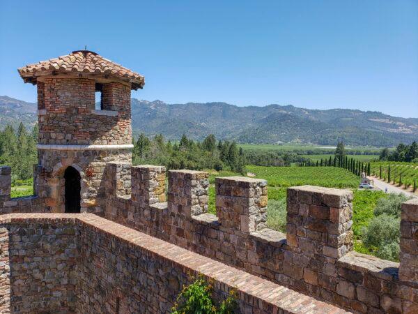 The view from behind the crenellated walls overlooks the vineyard. (Ilene Eng/The Epoch Times)