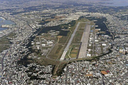 Aerial file photo shows U.S. Marine Air Station Futenma in Ginowan, Okinawa, southern Japan on Jan. 27, 2018. (Kyodo News via AP)