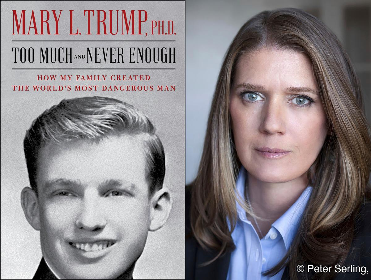 This combination of photographs shows the cover art for "Too Much and Never Enough: How My Family Created the World’s Most Dangerous Man", left, and a portrait of author Mary Trump. (Simon & Schuster, left, and Peter Serling/Simon Schuster via AP)