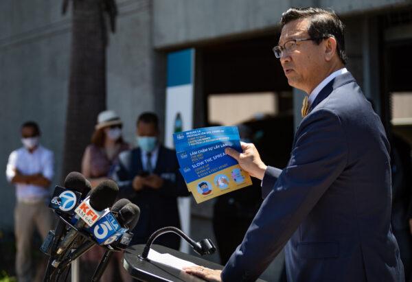 Orange County Supervisor Andrew Do speaks at the opening of a new COVID-19 testing site at the Anaheim Convention Center in Anaheim, Calif., on July 15, 2020. (John Fredricks/The Epoch Times)