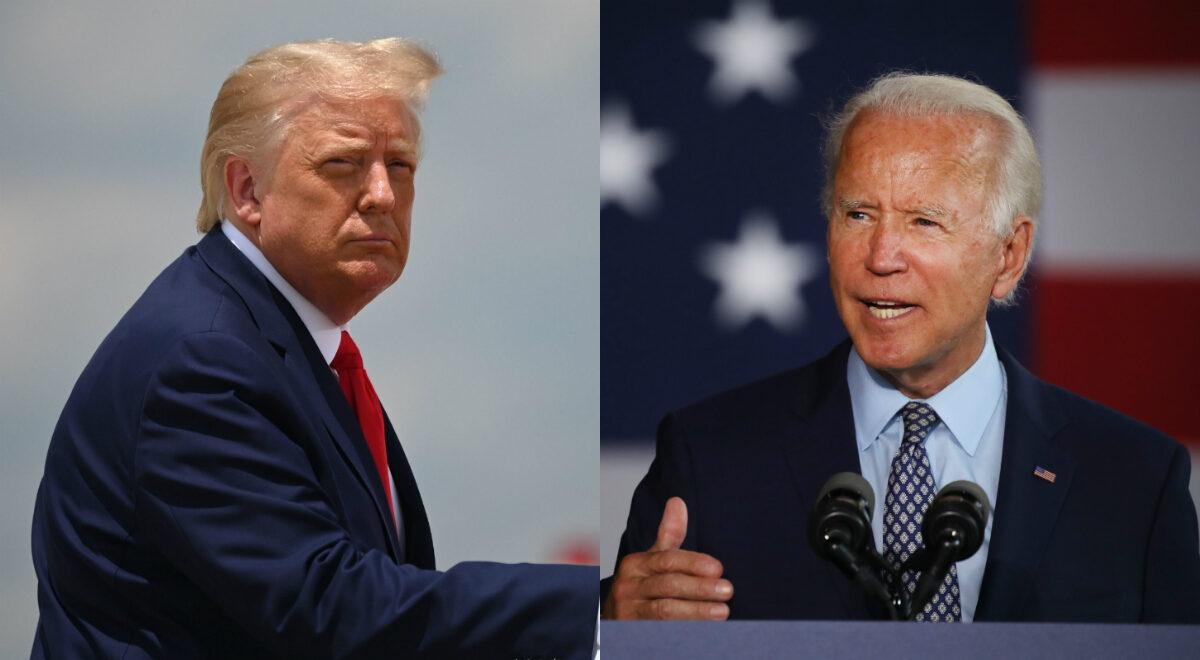 President Donald Trump, left, boards Air Force One at Joint Base Andrews in Maryland on July 15, 2020. On right, presumptive Democratic presidential nominee Joe Biden speaks in Dunmore, Penn., on July 9, 2020. (Jim Watson/AFP via Getty Images; Spencer Platt/Getty Images)