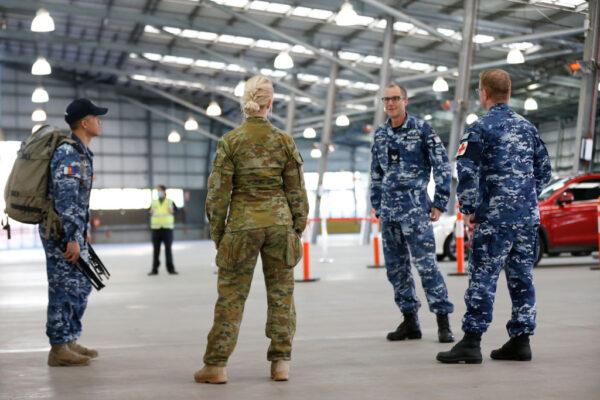 ADF (Australian Defence Force) personnel assist with COVID-19 testing at Melbourne Showgrounds in Melbourne, Australia on June 29, 2020. (Darrian Traynor/Getty Images)
