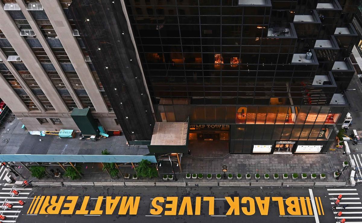 A newly painted Black Lives Matter mural adorns Fifth Avenue outside of Trump Tower on July 10, 2020 in New York City. (ANGELA WEISS/AFP via Getty Images)