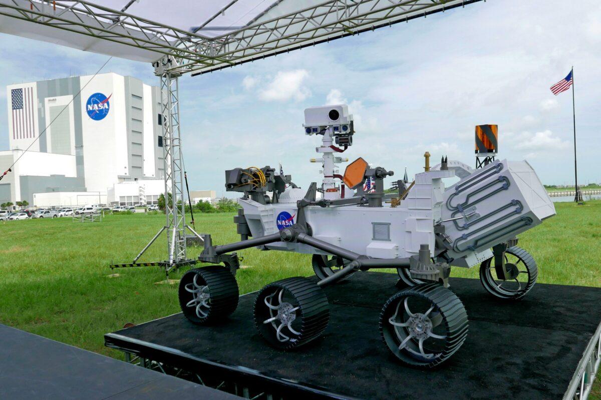 A replica of the Mars rover Perseverance is displayed outside the press site before a news conference at the Kennedy Space Center in Cape Canaveral, Fla., on July 29, 2020. (John Raoux/AP Photo)