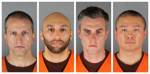 (L-R) Former Minneapolis Police Department officers Derek Chauvin, J. Alexander Kueng, Thomas Lane, and Tou Thao, in booking photos. (Hennepin County Sheriff's Office via AP)