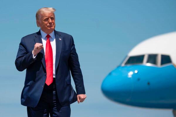 President Donald Trump arrives to deliver remarks on economic prosperity, at Burke Lakefront Airport in Cleveland, Ohio, on Aug. 6, 2020. (Jim Watson/AFP via Getty Images)