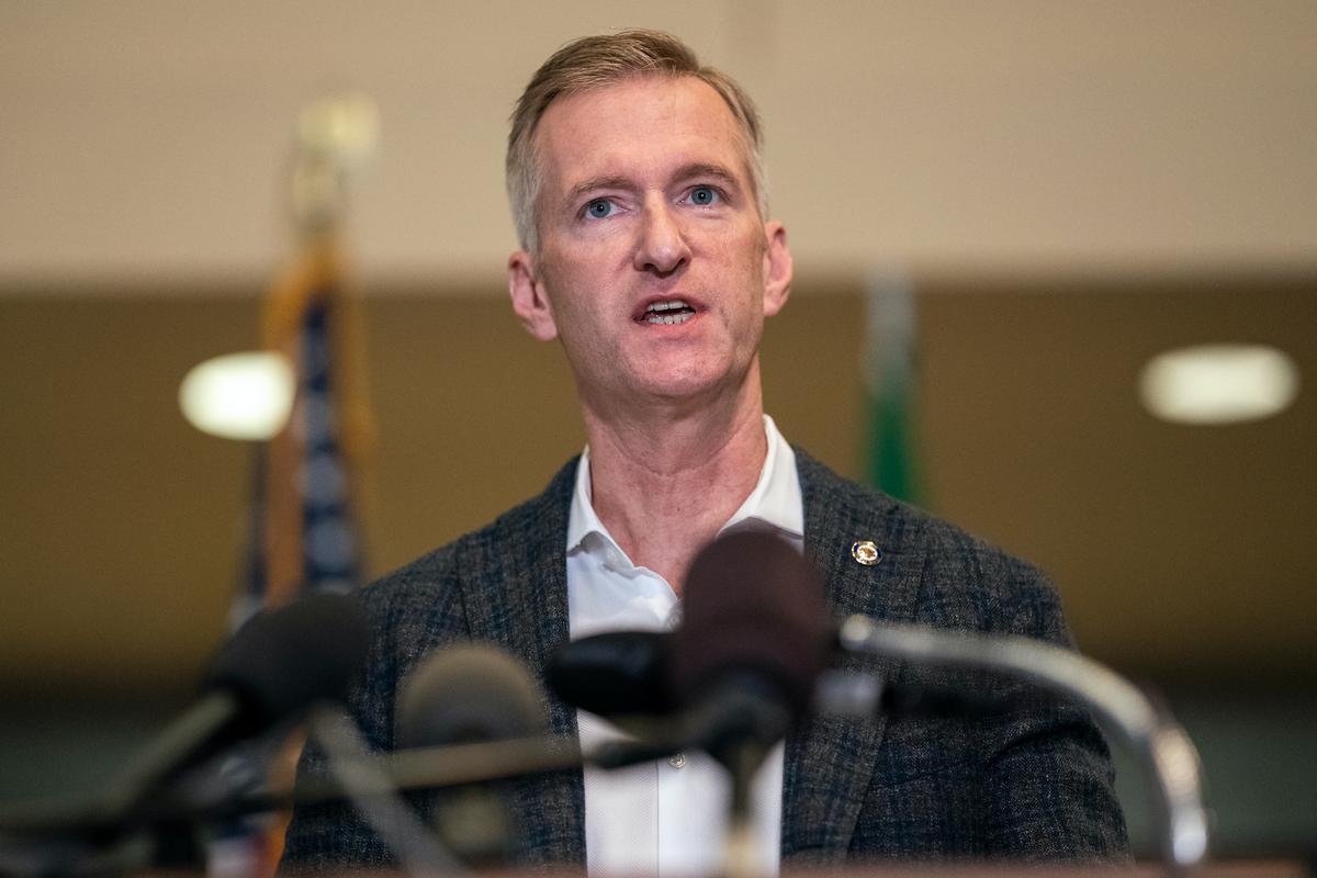 Portland Mayor Ted Wheeler speaks to the media at City Hall in Portland, Ore., on Aug. 30, 2020. (Nathan Howard/Getty Images)