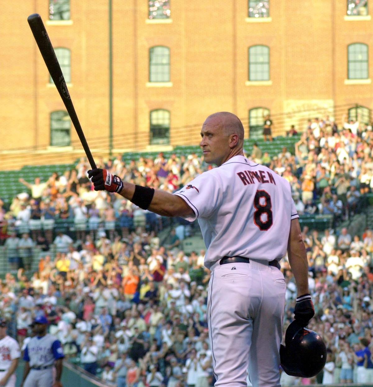 The Baltimore Orioles' Cal Ripken, Jr. acknowledges the crowd's standing ovation before his first at bat during the game against the Toronto Blue Jays June 19, 2001, at Camden Yards in Baltimore, Md. (HEATHER HALL/AFP via Getty Images)