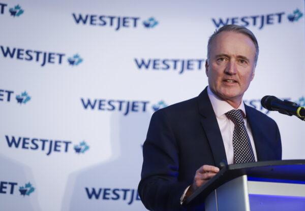 WestJet president and CEO Ed Sims addresses the airline's annual meeting in Calgary, Canada, on May 7, 2019. (Jeff McIntosh/The Canadian Press)