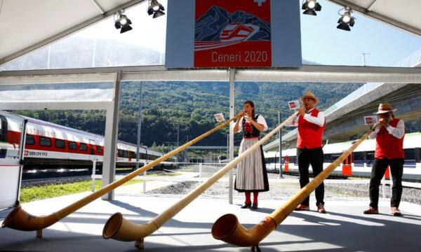Alphorn blowers perform during the opening ceremony of the newly built Ceneri Base Tunnel, Switzerland, on Sept. 4, 2020. (Arnd Wiegmann/Reuters)