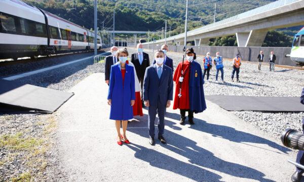 Swiss President Simonetta Sommaruga and Swiss Foreign Minister Ignazio Cassis arrive before the opening ceremony of the newly built Ceneri Base Tunnel on Sept. 4, 2020. (Arnd Wiegmann/Reuters)