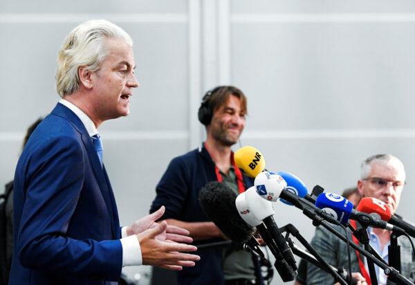 Dutch anti-Islam politician Geert Wilders speaks to the media following the verdict in his appeal in Schiphol near Amsterdam, on Sept. 4, 2020. (Piroschka van de Wouw/Reuters)