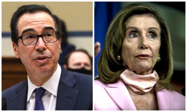 (L): Treasury Secretary Steven Mnuchin on Capitol Hill in Washington, on Sept. 1, 2020. (Nicholas Kamm-Pool/Getty Images); (R): Speaker of the House Nancy Pelosi (D-Calif.) speaks to reporters at her weekly press conference at the Capitol in Washington, on Aug. 22, 2020. (Gabriella Demczuk/Getty Images)