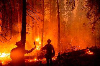 Firefighters Nick Grinstead and Trevor While battle the Creek Fire in the Shaver Lake community of Fresno County, Calif., on Mon., Sept. 7, 2020. (Noah Berger/AP Photo)