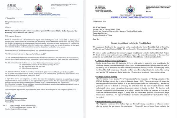 Samoa government sent two letters to the Huizhou city government in southern China's Guangdong province in December 2019 and January 2020, in which the government complained about the BRI projects' quality. (Provided to The Epoch Times)