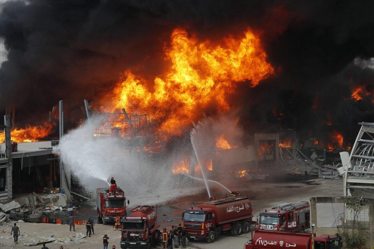 Fire burns in the port in Beirut, Lebanon on Sept. 10. 2020. (Hussein Malla/AP Photo)