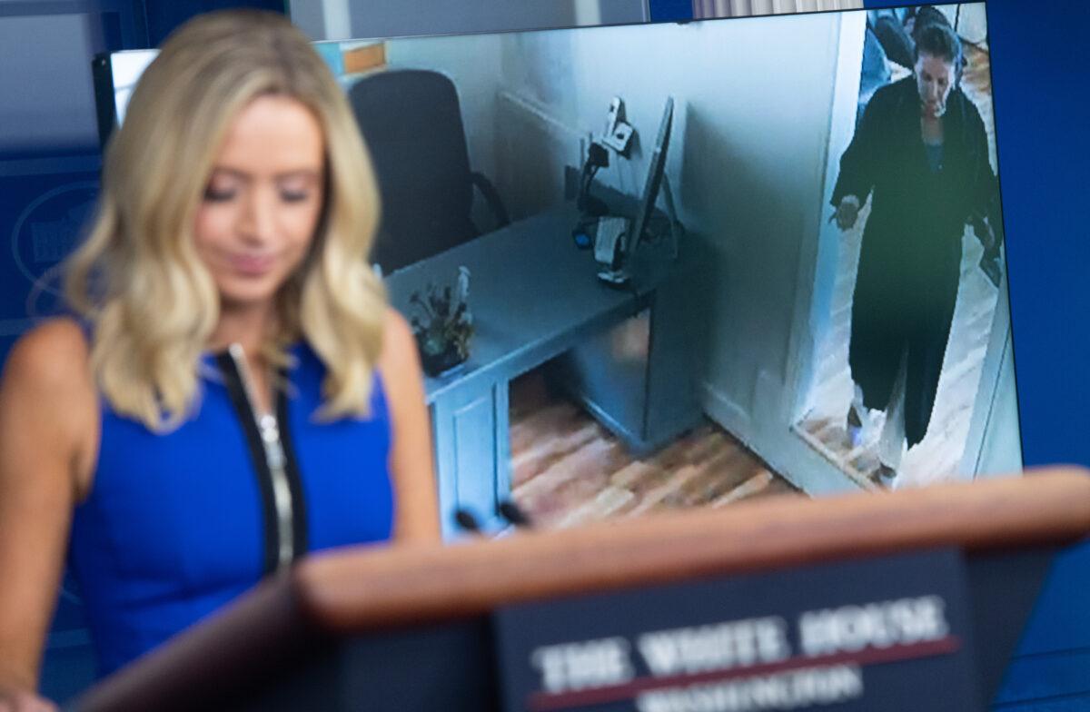 House Speaker Nancy Pelosi (D-Calif.) is seen in a video inside a salon without wearing a mask during a press briefing given by White House press secretary Kayleigh McEnany in Washington on Sept. 3, 2020. (Saul Loeb/AFP via Getty Images)