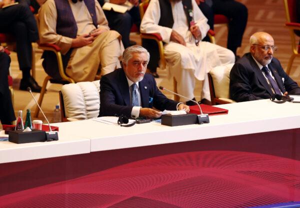 Chairman of the High Council for National Reconciliation Abdullah Abdullah speaks during opening remarks for talks between the Afghan government and Taliban insurgents in Doha, Qatar Sept. 12, 2020. (Ibraheem al Omari/Reuters)