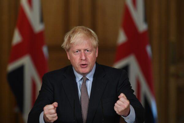 Prime Minister Boris Johnson attends a virtual press conference at Downing Street in London on Sept. 9, 2020. (Stefan Rousseau -WPA Pool/Getty Images)