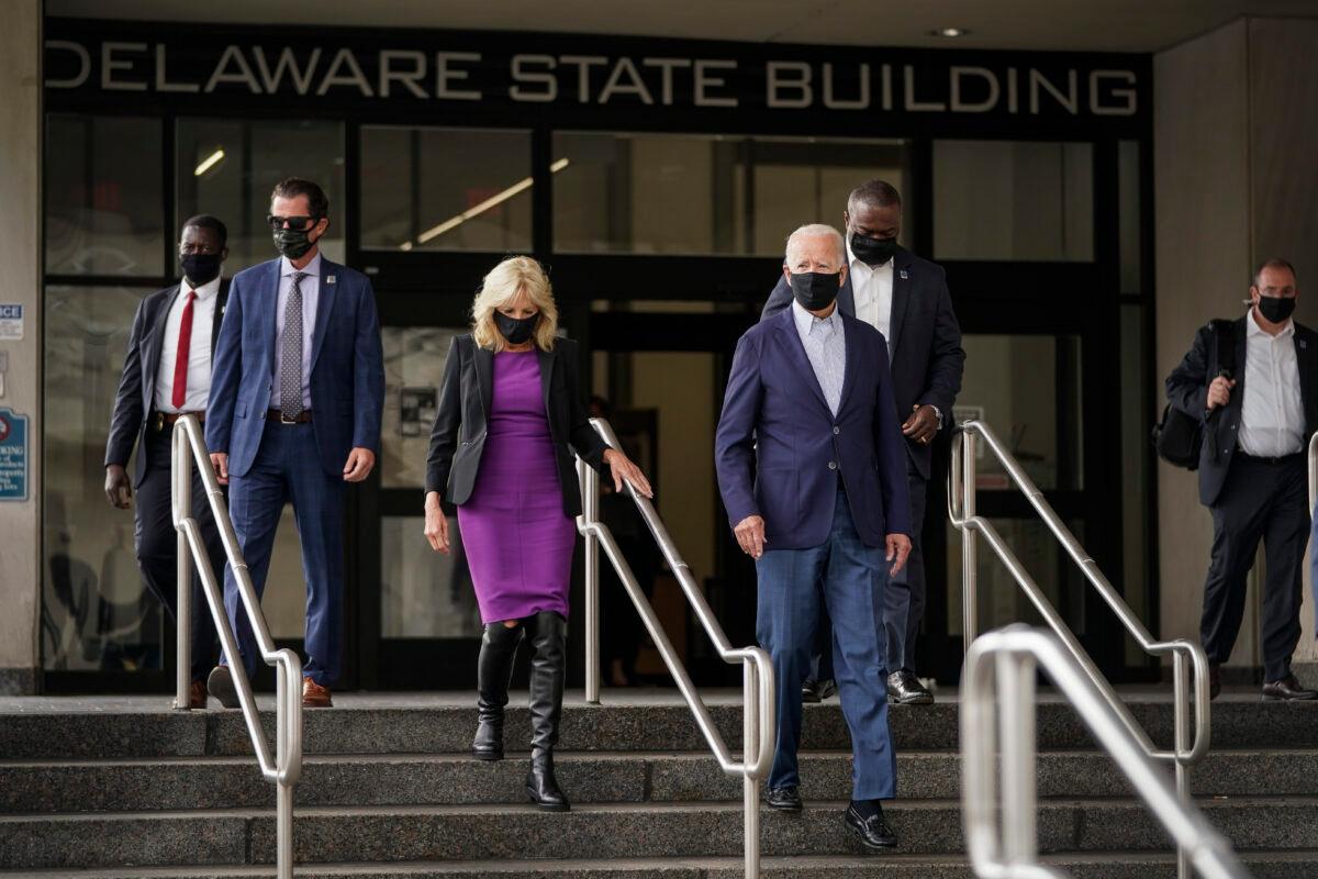 Democratic presidential nominee Joe Biden and wife, Jill Biden, leave the Delaware State Building after early voting in the state's primary election, in Wilmington, Del., Sept. 14, 2020. (Drew Angerer/Getty Images)