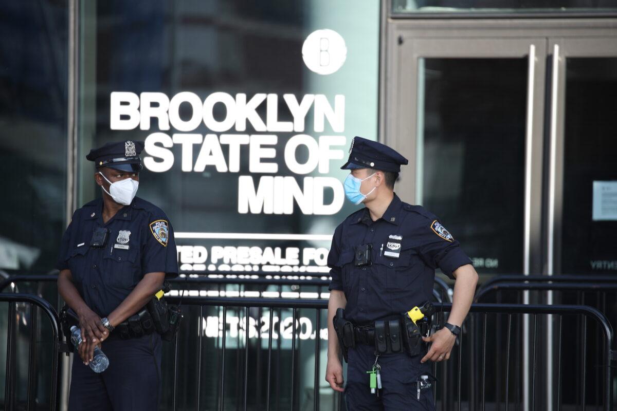 NYPD officers gather in front of the Barclays Center prior to a protest in Brooklyn, N.Y., on May 29, 2020. (Justin Heiman/Getty Images)