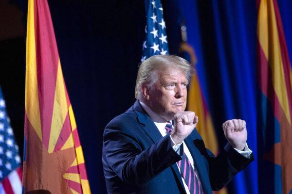 President Donald Trump dances after speaking at a roundtable with Latino supporters at the Arizona Grand Resort in Phoenix, Arizona, on Sept. 14, 2020. (Brendan Smialowski/AFP via Getty Images)