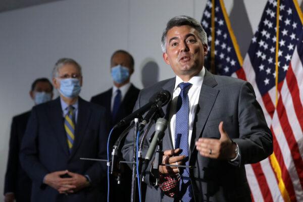 Sen. Cory Gardner (R-Colo.) talks to reporters in the Hart Senate Office Building on Capitol Hill in Washington on June 9, 2020. (Chip Somodevilla/Getty Images)