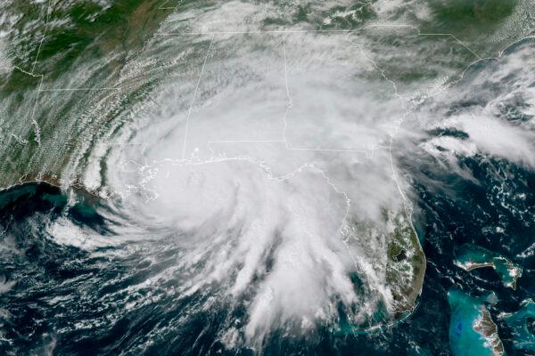 This GOES-16 GeoColor satellite image taken Sept. 15, 2020, at 3 p.m. EDT., shows Hurricane Sally moving slowly towards the coast from the Gulf of Mexico. (NOAA via AP)