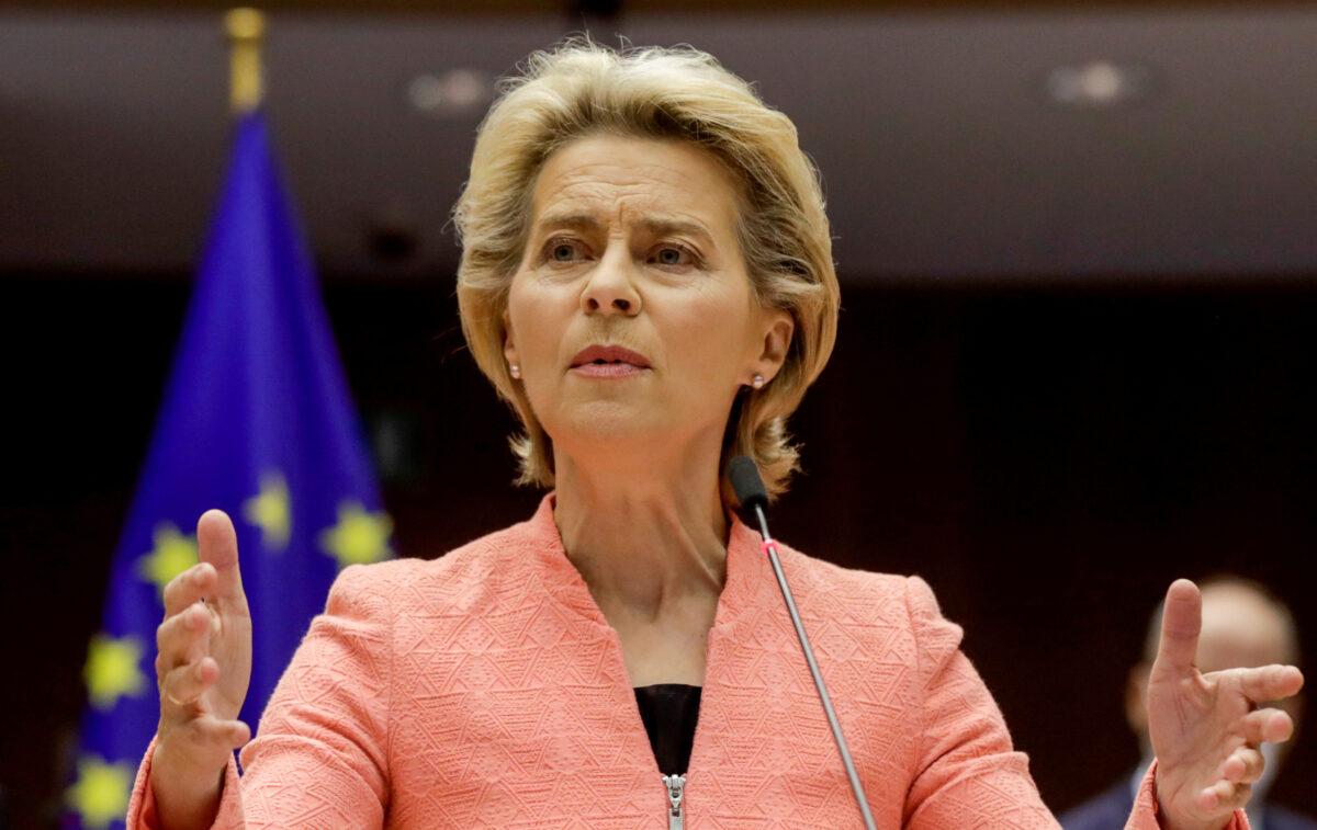 European Commission President Ursula von der Leyen gives her first State of the Union speech during a plenary session of the European Parliament in Brussels on Sept. 16, 2020. (Olivier Hoslet/pool via Reuters)