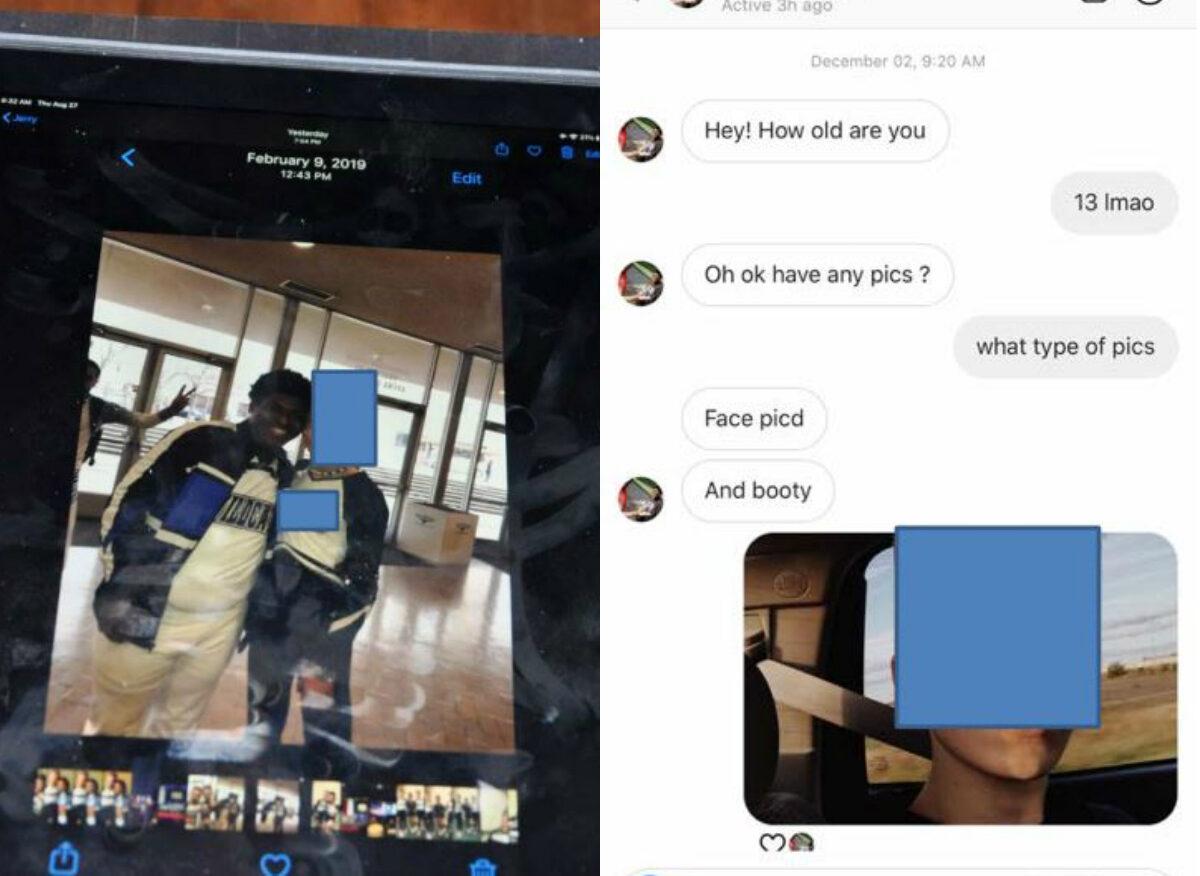 A photograph shows a man identified by law enforcement as Jerry Harris, left, with a minor boy he allegedly solicited sexual material from. On right is a text message that is said to show Harris asking for pictures from the minor. (FBI)