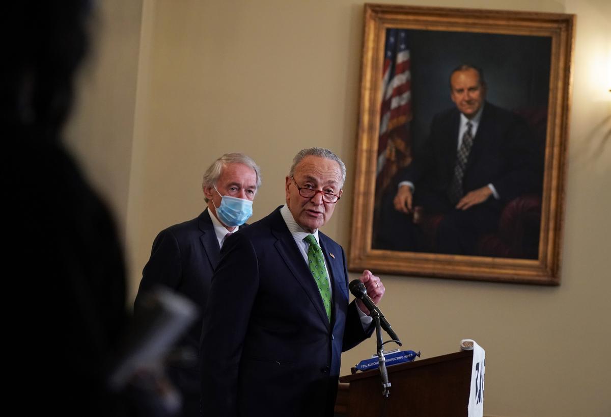 Senate Minority Leader Chuck Schumer (D-N.Y.) speaks at the Back the Thrive Agenda press conference at the Longworth Office Building in Washington on Sept. 10, 2020. (Jemal Countess/Getty Images for Green New Deal Network)