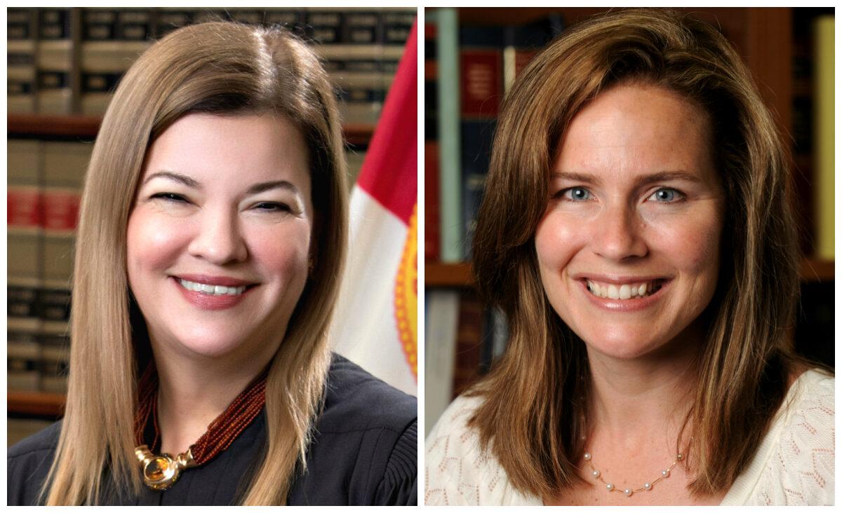 Then-Florida Supreme Court Justice Barbara Lagoa (L), and U.S. Court of Appeals for the 7th Circuit Judge Amy Coney Barrett in file photographs. (Florida Supreme Court and Notre Dame University/Handout via Reuters)