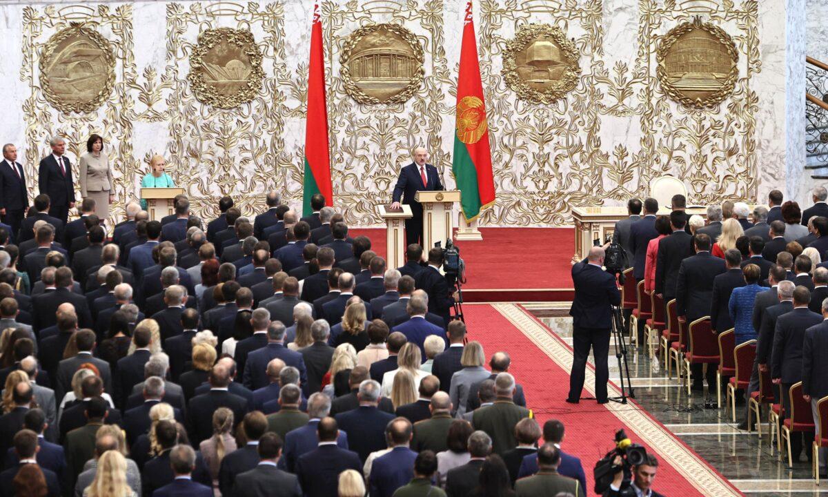 Belarusian leader Alexander Lukashenko takes the oath of office during his inauguration ceremony at the Independence Palace in Minsk, Belarus, on Sept. 23, 2020. (Sergei Sheleg/Pool/AP)