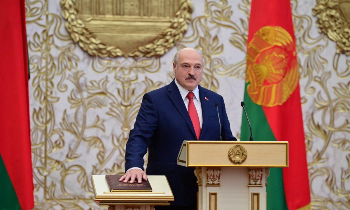 Alexander Lukashenko takes the oath of office as Belarusian president during a swearing-in ceremony in Minsk, Belarus, on Sept. 23, 2020. (Andrei Stasevich/BelTA/Handout via Reuters)