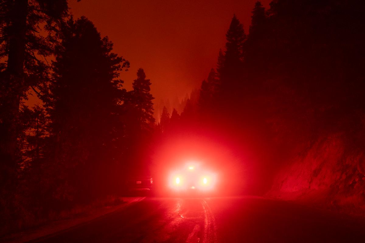 A firefighter's vehicle is seen as flames advance along the Western Divide Highway during the SQF Complex Fires near Camp Nelson, California, on Sept. 14, 2020. (David McNew/Getty Images)