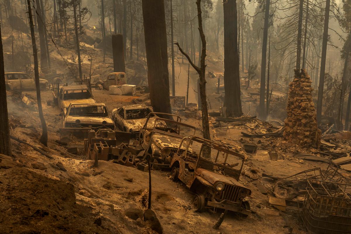 A community of forest homes lies in ruins along Auberry Road in the Meadow Lakes area after the Creek Fire swept through Shaver Lake, California, on Sept. 8, 2020. (David McNew/Getty Images)