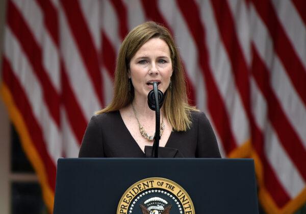 Judge Amy Coney Barrett speaks after being nominated to the U.S. Supreme Court by President Donald Trump in the Rose Garden of the White House in Washington, on Sept. 26, 2020. (Olivier Douliery/AFP via Getty Images)