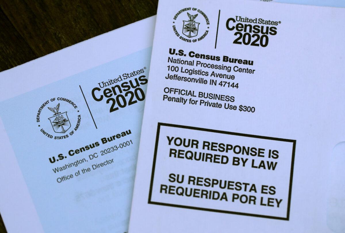 The U.S. Census logo appears on census materials received in the mail with an invitation to fill out census information online in San Anselmo, California, on March 19, 2020. (Justin Sullivan/Getty Images)