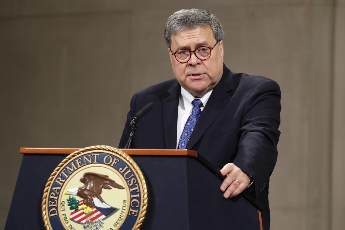 U.S. Attorney General William Barr delivers remarks at the Robert F. Kennedy Main Justice Building May 9, 2019, in Washington. (Chip Somodevilla/Getty Images)