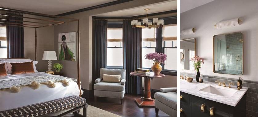 In the master suite, dark teal curtains contrast elegantly against the light-neutral color scheme. The master bathroom is chic yet minimal with its sleek marble and gold hardware. (Paul Raeside)