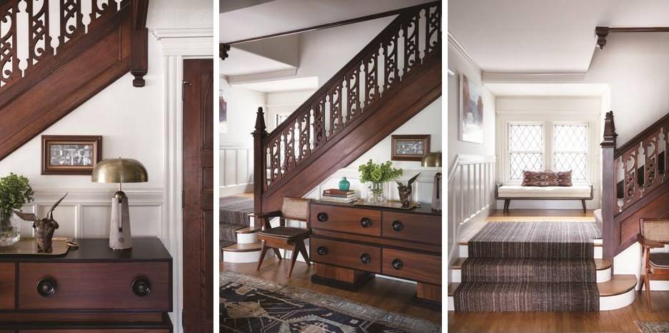 Upon walking into the entryway, one is immediately drawn to the stunning, intricately carved staircase banister. It is accompanied by a Pierre Jeanneret chair and a mid-century Blackman Cruz console. (Paul Raeside)