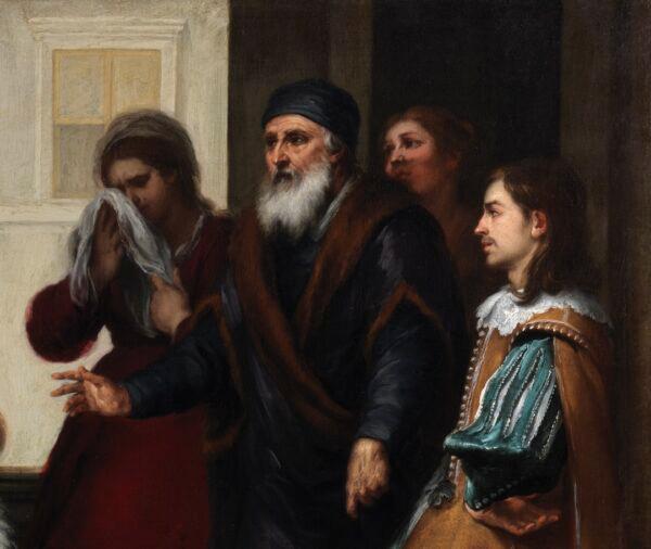 The elder son’s disdain is clear in this detail from "The Departure of the Prodigal Son." Murillo has added to this scene a mother and daughter, not in the biblical story. (National Gallery of Ireland)