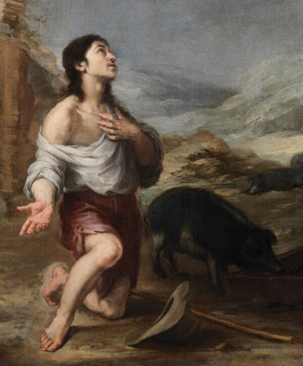 Detail from "The Prodigal Son Feeding Swine" not only shows true repentance on the son's face but also a detail that enhances Murillo's series with a Spanish flavor: The Iberian pig. (National Gallery of Ireland)