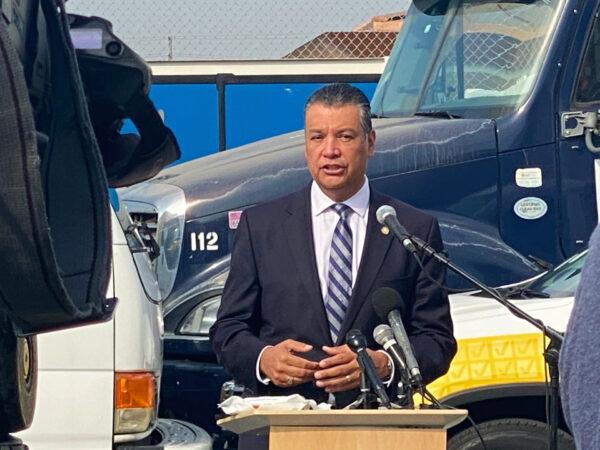 California Secretary of State Alex Padilla speaks at a press conference about election integrity in Santa Ana, Calif., on Oct. 5, 2020. (Jamie Joseph/The Epoch Times)