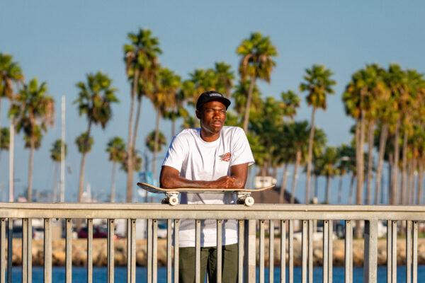 Skateboarder Kwami Adzitso in Long Beach, Calif., on Sept. 23, 2020. (John Fredricks/The Epoch Times)
